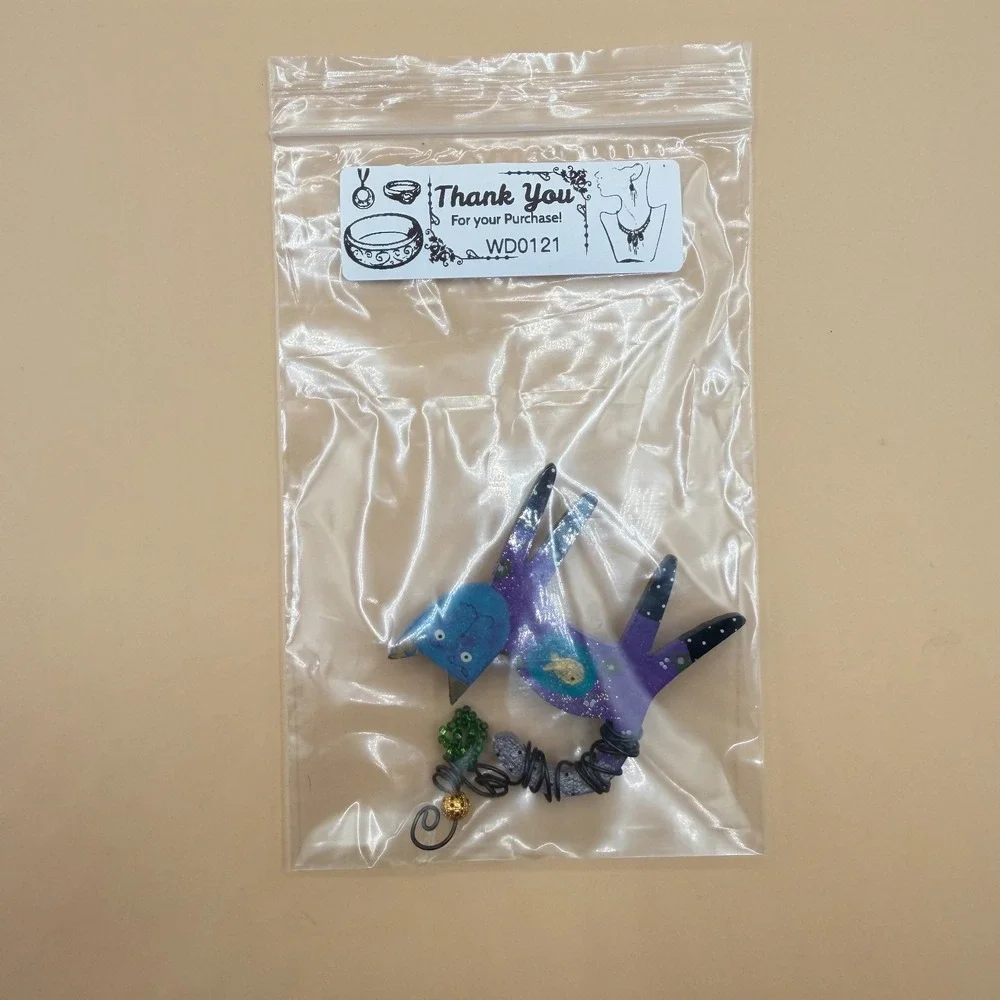 Whimsical Purple Blue Cat Brooch Pin Painted Wood Fish Wire Tail Folk Art Gift